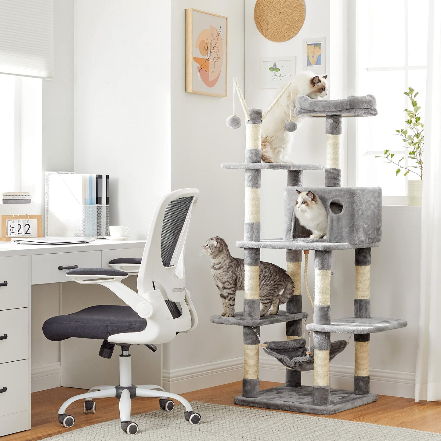 FEANDREA Cat Tree, Cat Condo with Hammock, Perch, Cat Tower, Light Grey PCT86W