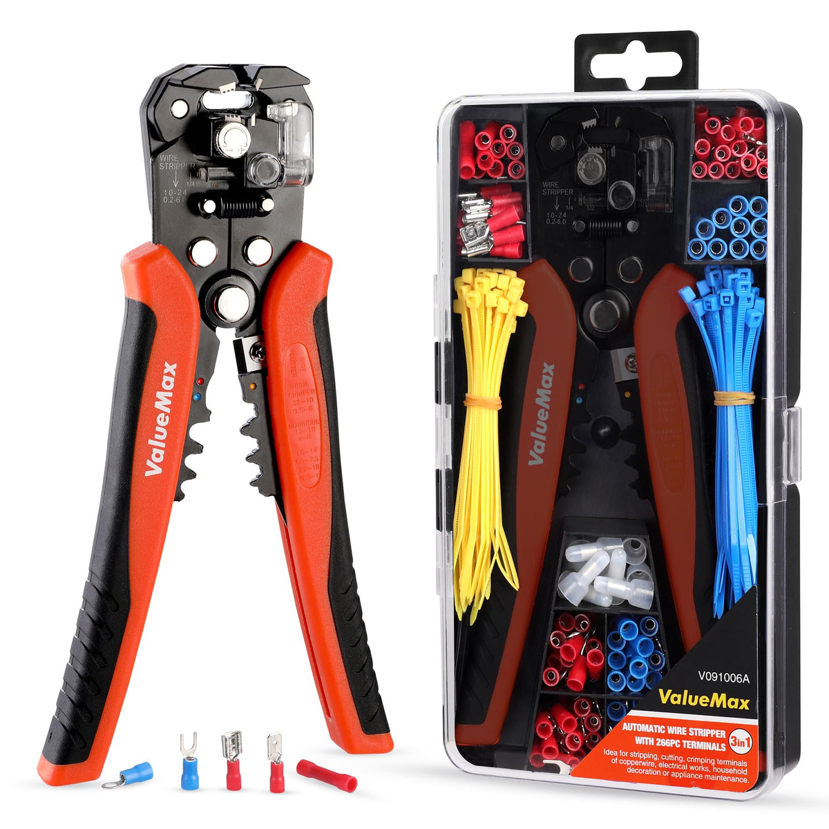 ValueMax Automatic Wire Stripper Crimper Set, 3-in-1 Stripper Cutter with 266PCS Terminals, Electrical Stripping Pliers AWG 24-10 (0.2-6.0 mm?) for