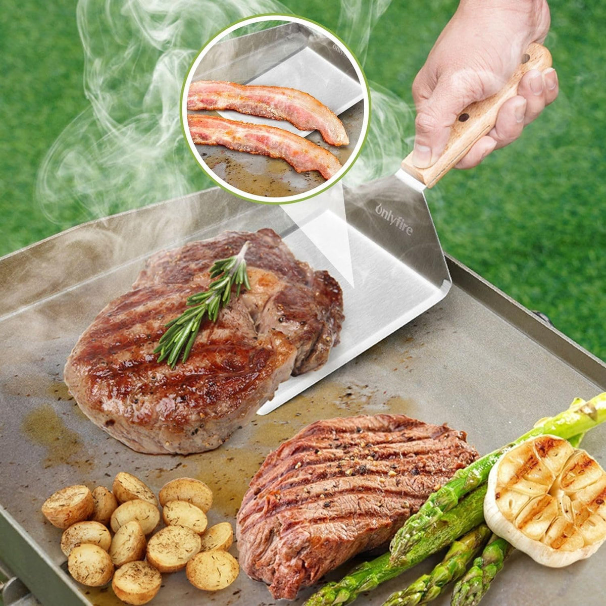 onlyfire BBQ Griddle Accessories Kit, 2 x 16cm Burger Cover Cheese Melting Dome, Round Burge Smasher and Large Spatula Turner, Grill Accessories Tools