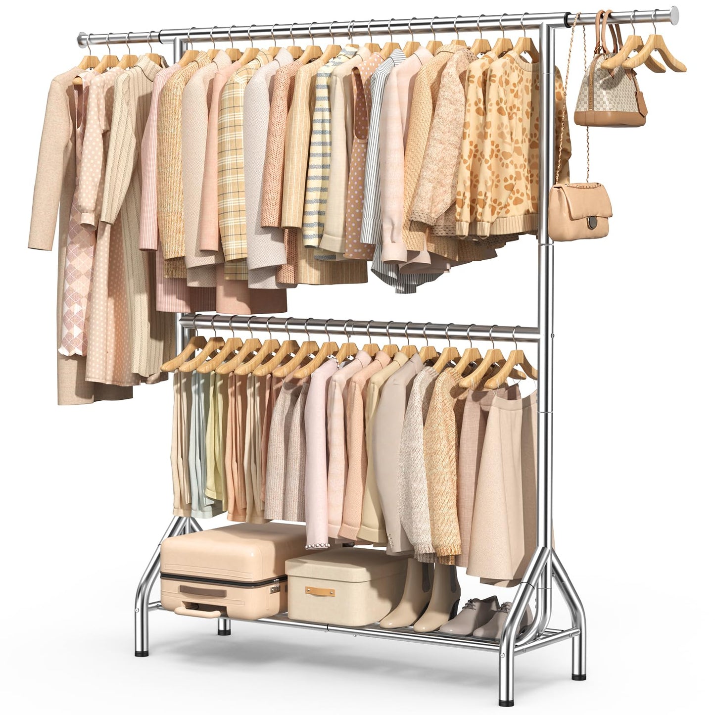 EAGMAK Double Clothes Rail Heavy Duty Load 280 KG, with Shelves, Silver