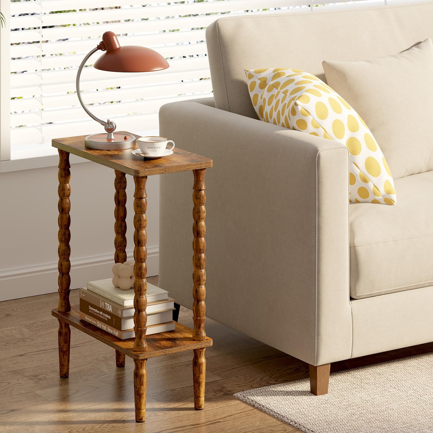 TUTOTAK Narrow Side Table Set of 2, 2-Tier Small End Table with Storage, Slim Skinny Nightstand for Small Spaces, Living Room, Bedrooms