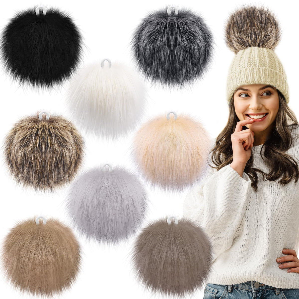 SIQUK 8 Pieces 6 Inch Large Faux Fur Pom Pom 15cm Faux Fox Fur Fluffy Pompoms with Elastic Loop for DIY Crafts Hats Beanies Keychain Scarves Bags,