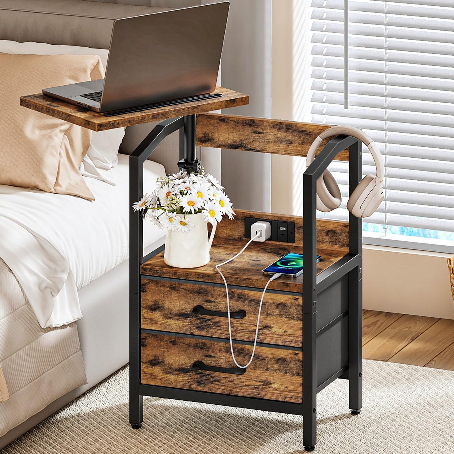 HOOBRO Bedside Table with Charging Station, Swivel Lift Top Nightstand, Height Adjustable, Side Table with 2 Drawers and Tablet Slot