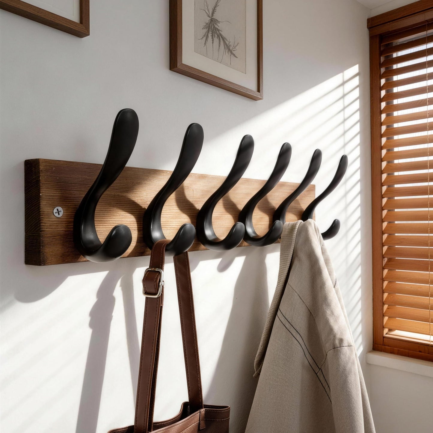 HONSKY Heavy Duty Wall Mounted Coat Rack, 43cm Wooden Coat Hanger with 6 Double Metal Hooks, Sturdy Wall Hanger for Hallway, Entryway, Bedroom