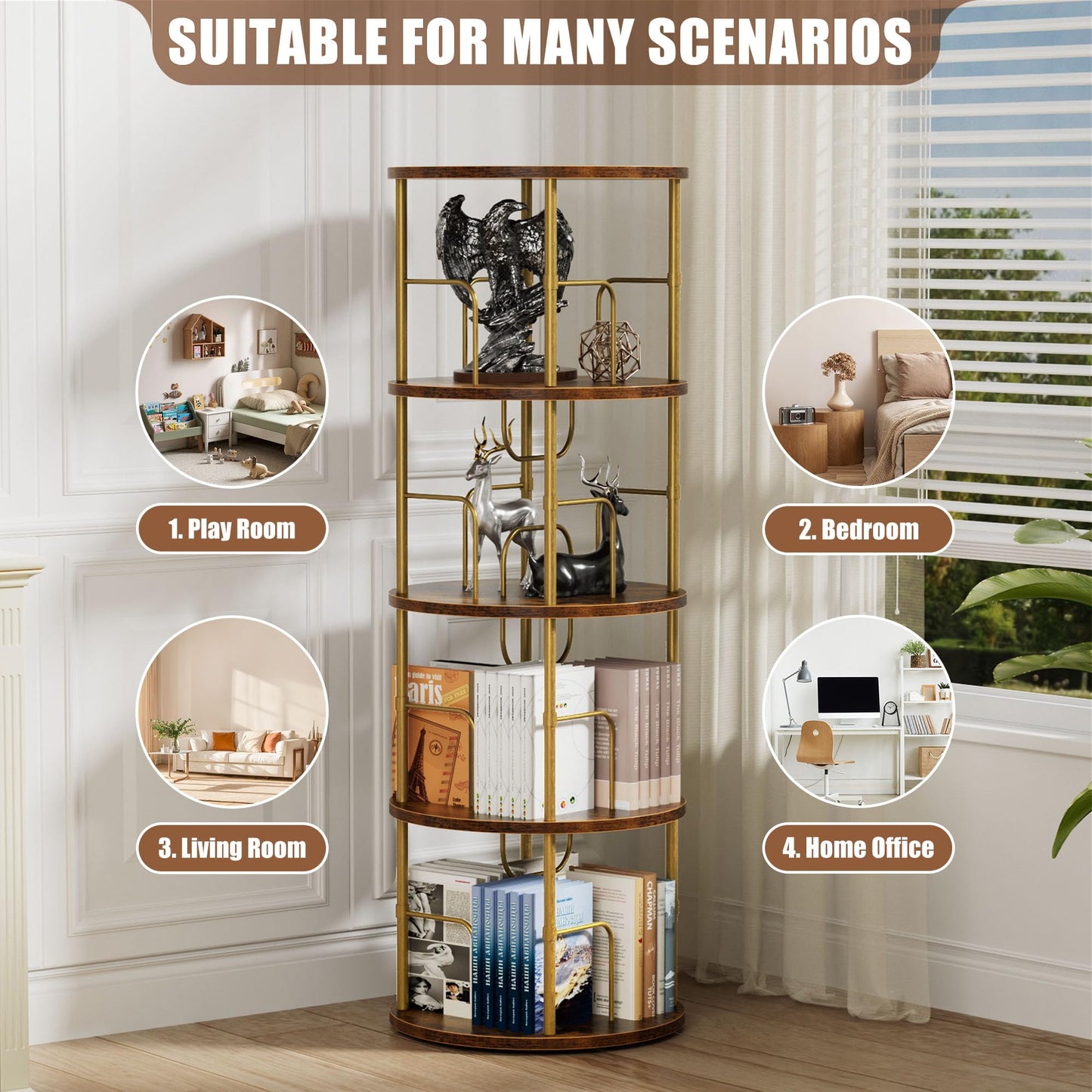 OCTORO 4 Tier Rotating Bookshelf, 360° Corner Bookshelf Tower, Round Revolving Bookcase with Adjustable Levels, Spinning Book Shelf for Home Office