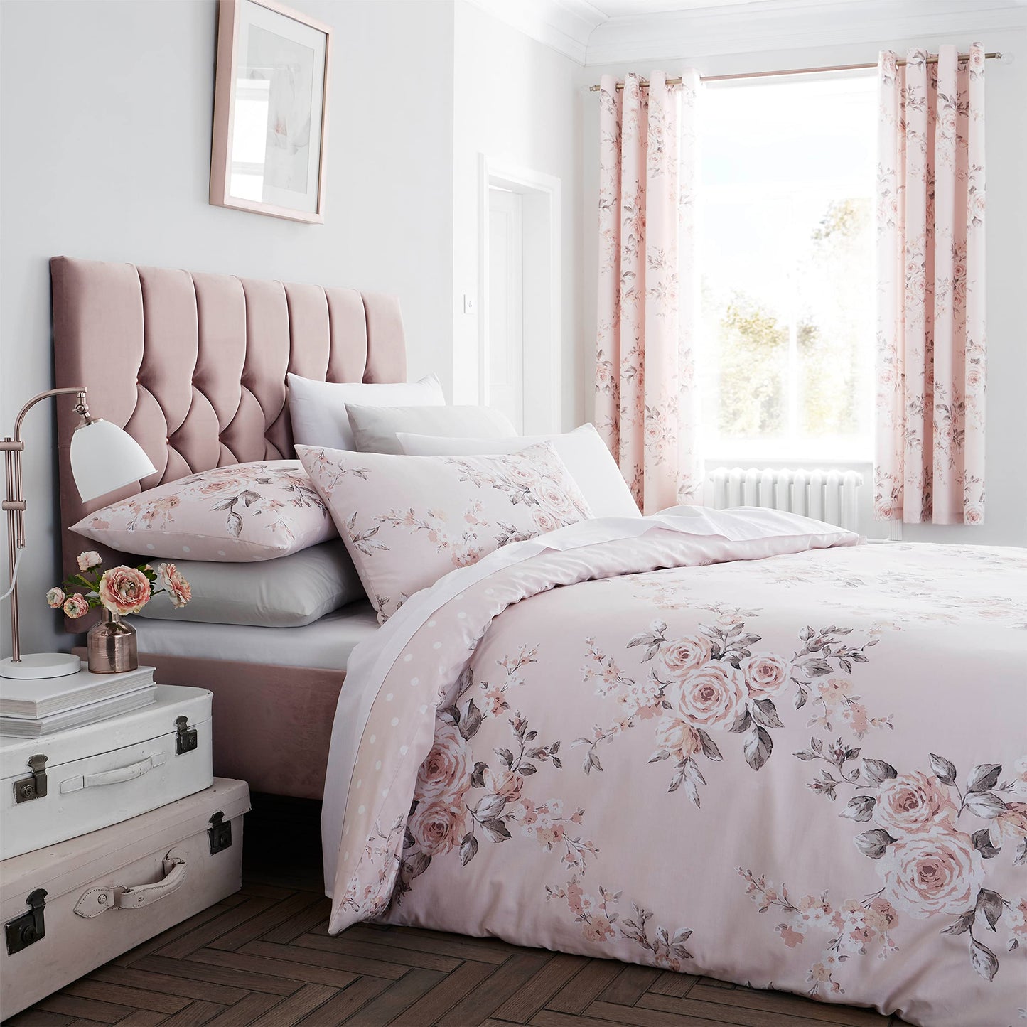 Catherine Lansfield Canterbury Floral 66x72 Inch Lined Eyelet Curtains Two Panels Blush Pink