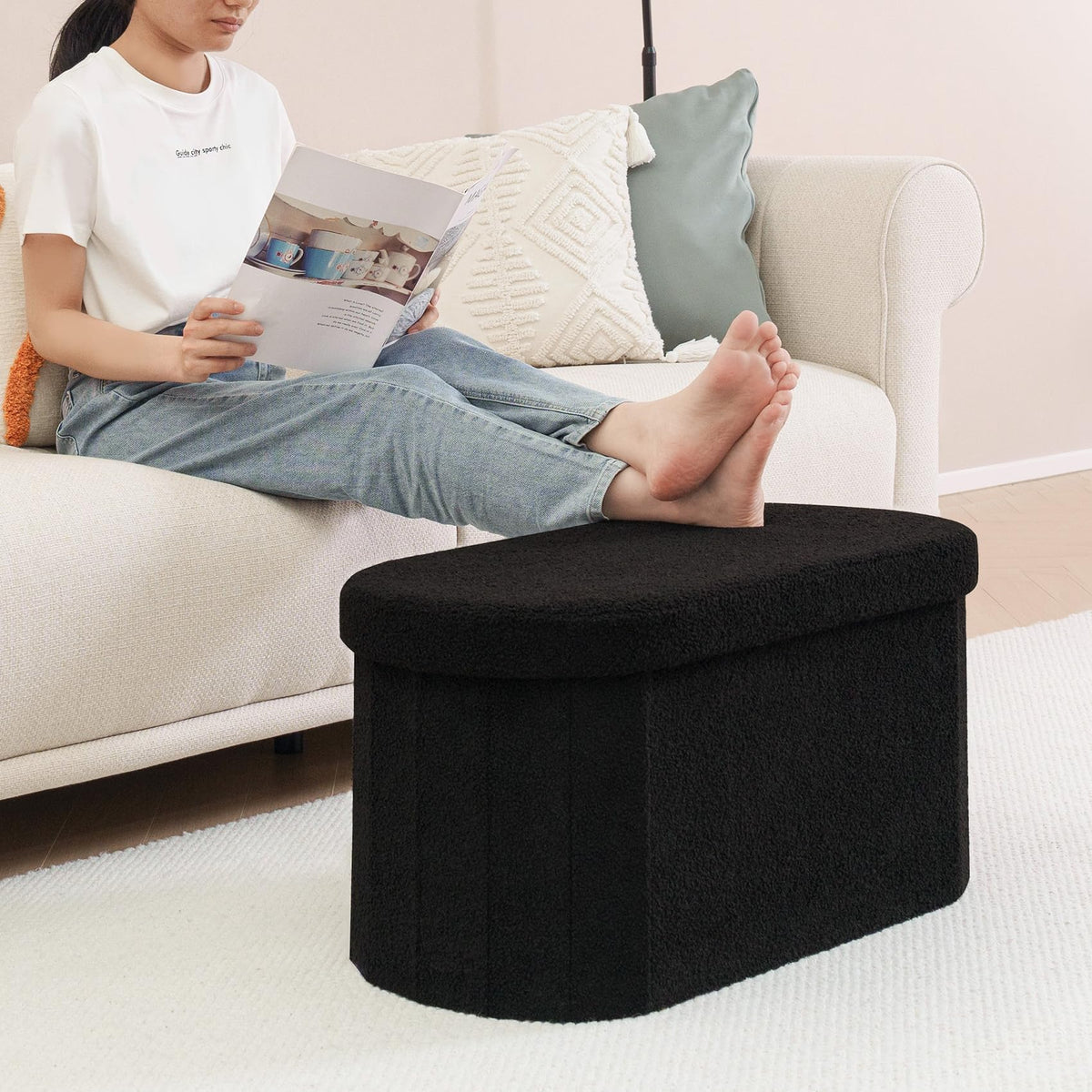 Bonlife Folding Ottoman Storage Bench,Boucle Footstool Oval, End of Bed Stool, Ideal for Living Room, Bedroom,76x38x38cm,Black
