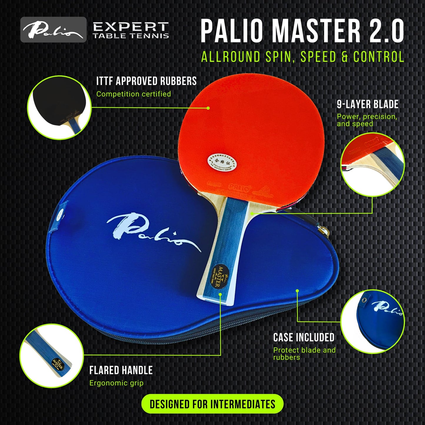 Palio Master 2.0 Table Tennis Bat & Case | ITTF-Approved Intermediate Ping Pong Racket | Allround Spin, Speed and Control