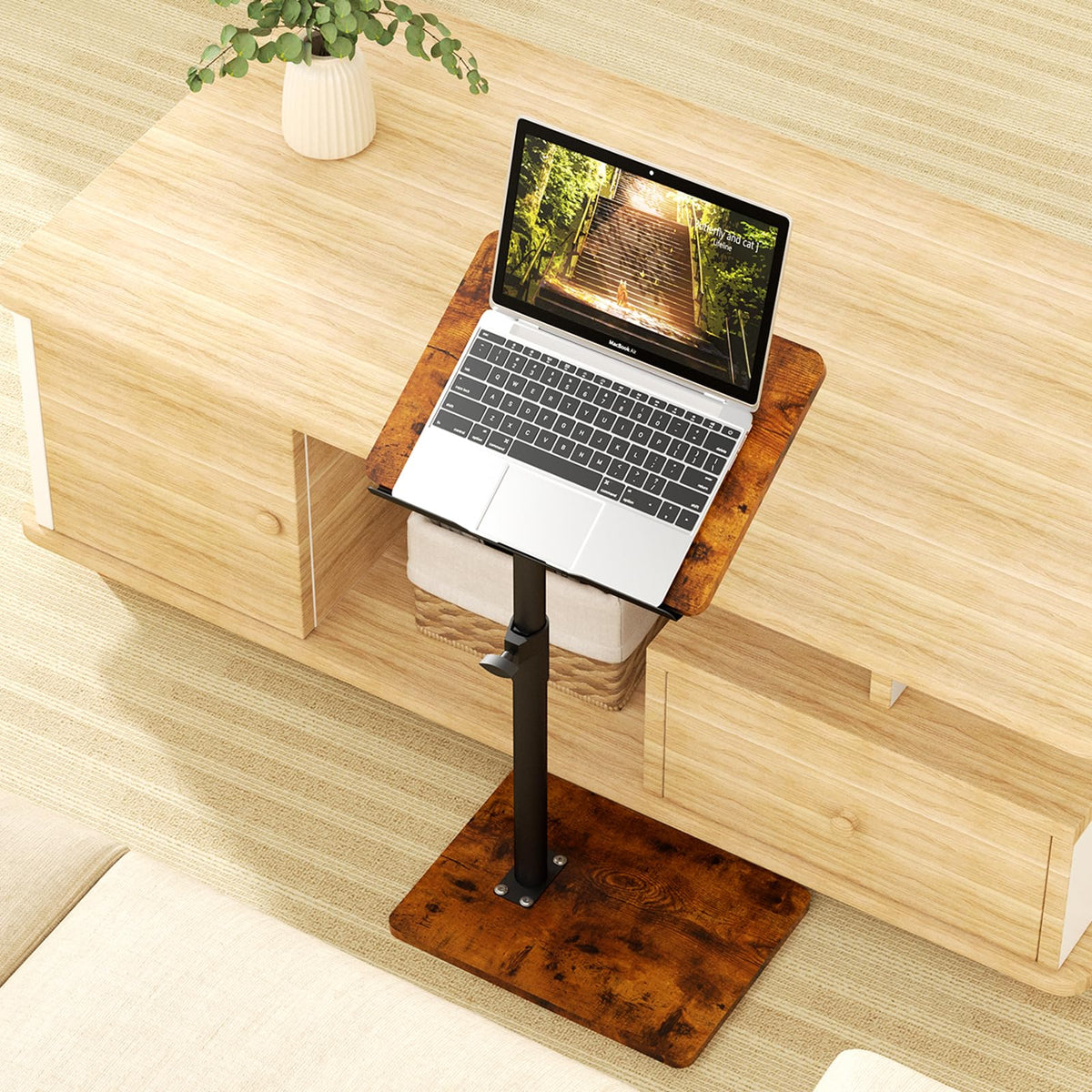 YUHFERA Sofa Armrest Tray Table for Couch - 360? Swivel Height Adjustable End Desk for Small Spaces, Snack Side Table for Bed or Chair with Phone &