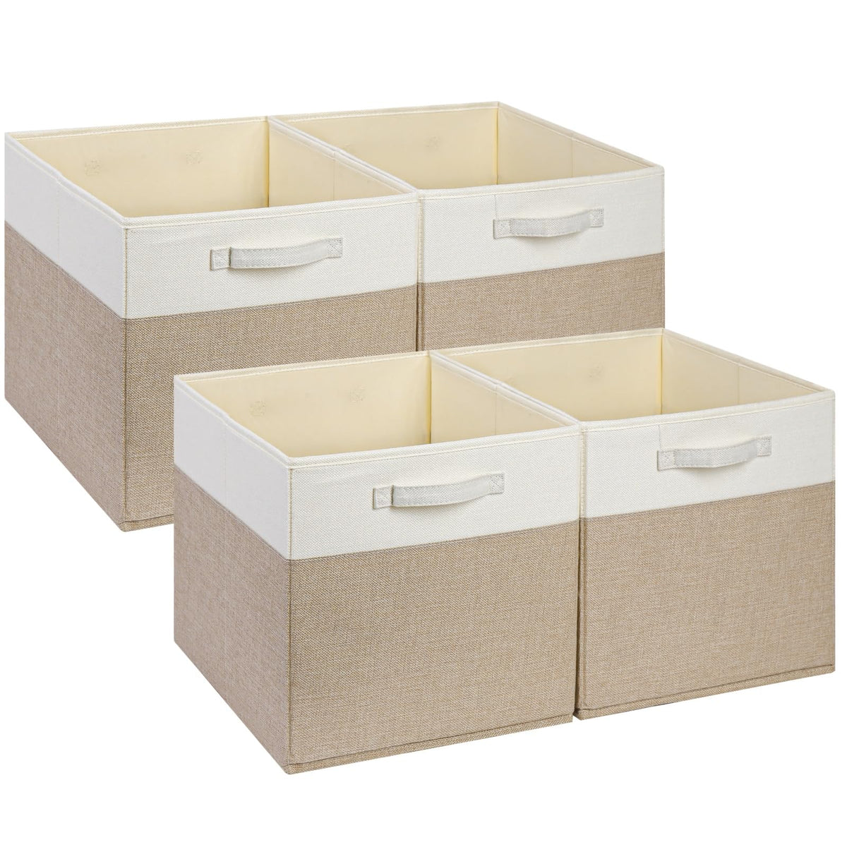 SOCOHOME Fabric Cube Storage Boxes,25x25x25cm Foldable Storage Baskets for Toys Clothes Shelf Nursery Closet(Light Khaki/Creamy White, Set of 4)