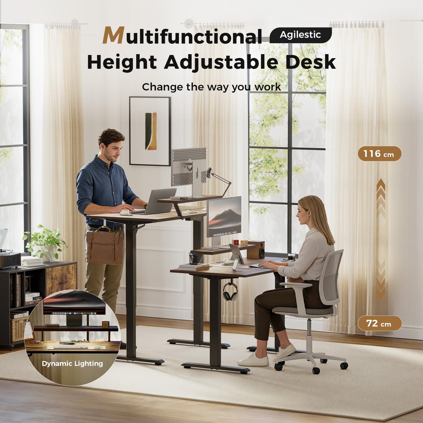 Agilestic Electric Standing Desk, Led & Plug, Movable Monitorstand, 120x60