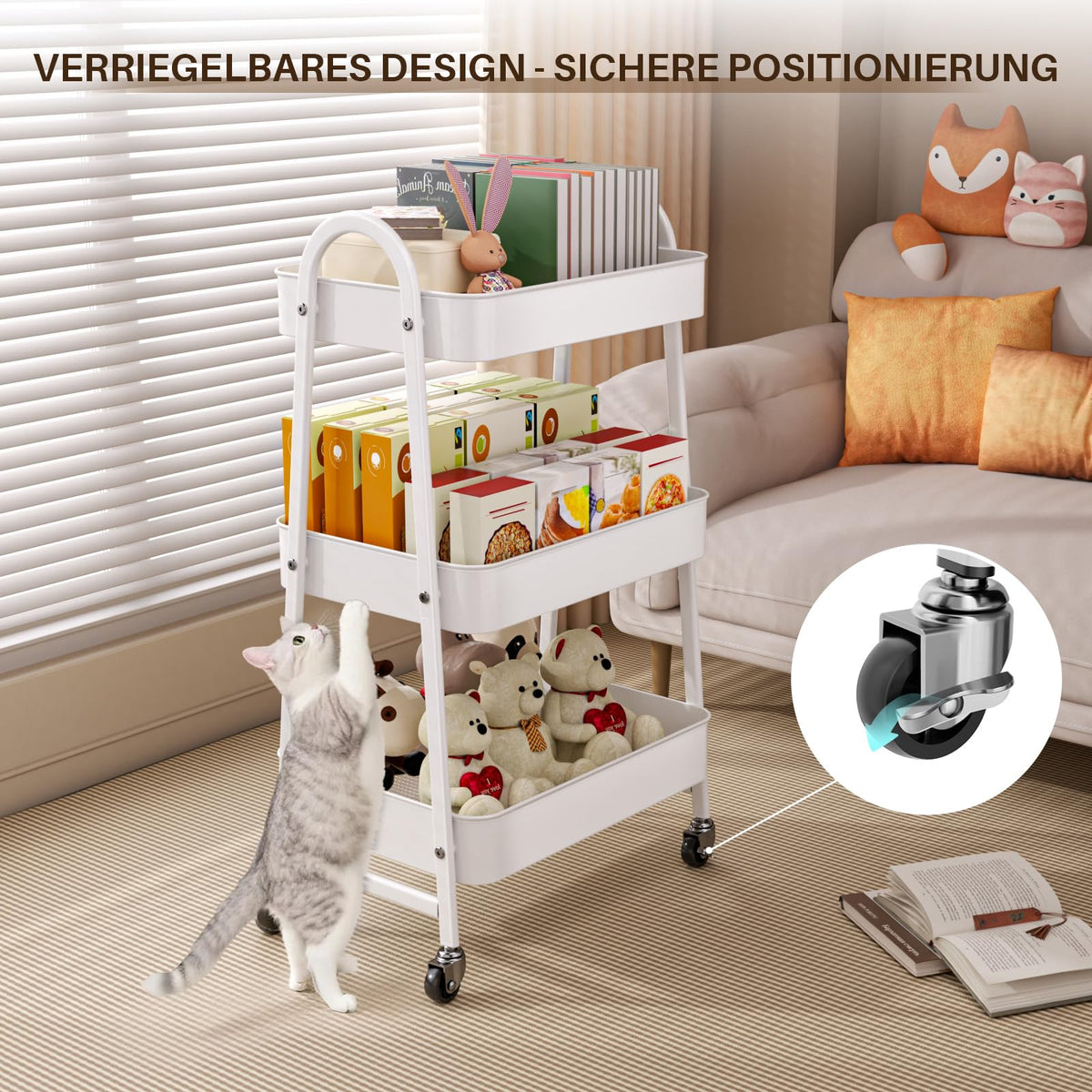 StowBin 3 Tier Metal Rolling Cart Kitchen Storage Cart with Wheels Serving Cart for Living Room Bathroom Office Bedroom White