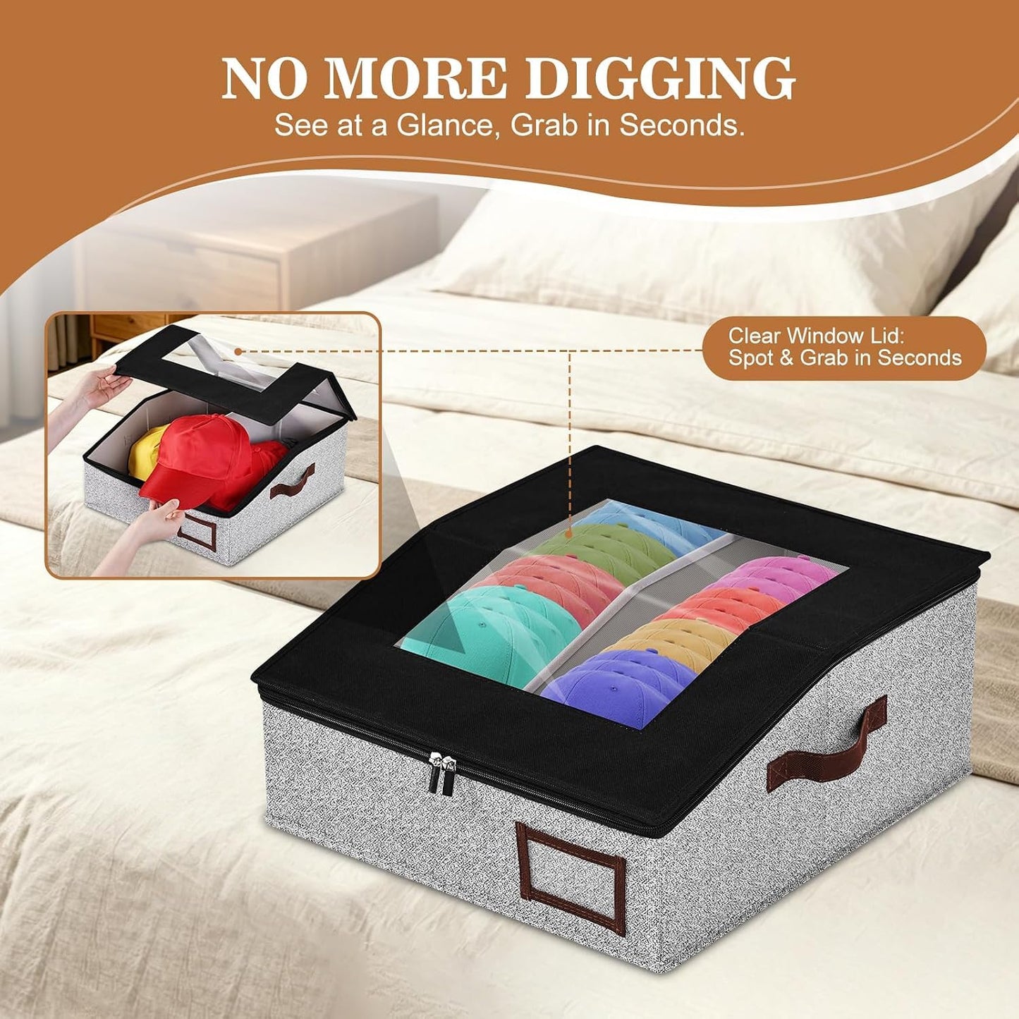 Nordelle Stackable Baseball Hat Storage Box with Clear Window Lid, Black