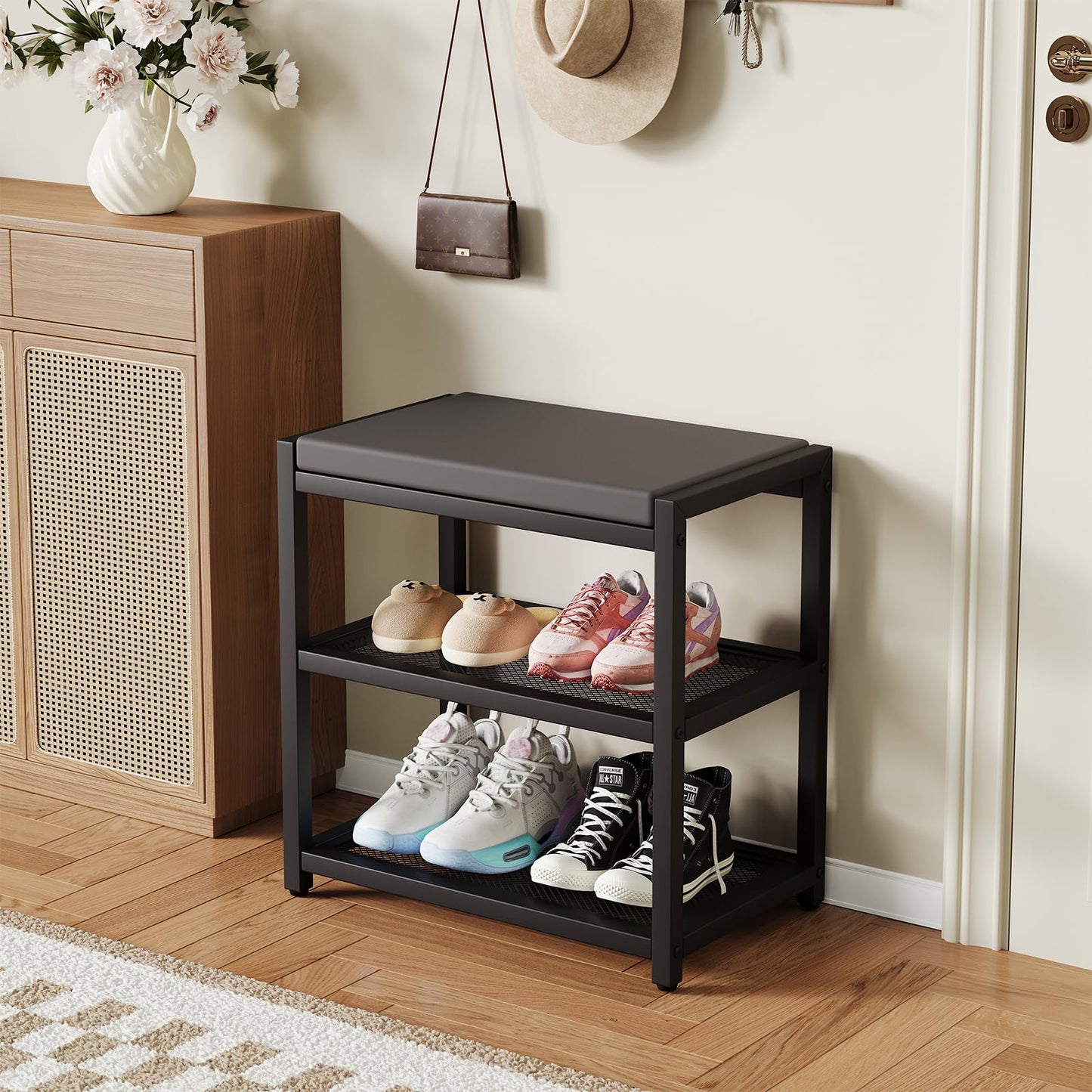 ZHOOGE Shoe Bench Shoe Rack Storage Bench Entryway Bench Shoe Shelf with Seat Cushion, Stable Shoe Organizer for Entryway, Living Room