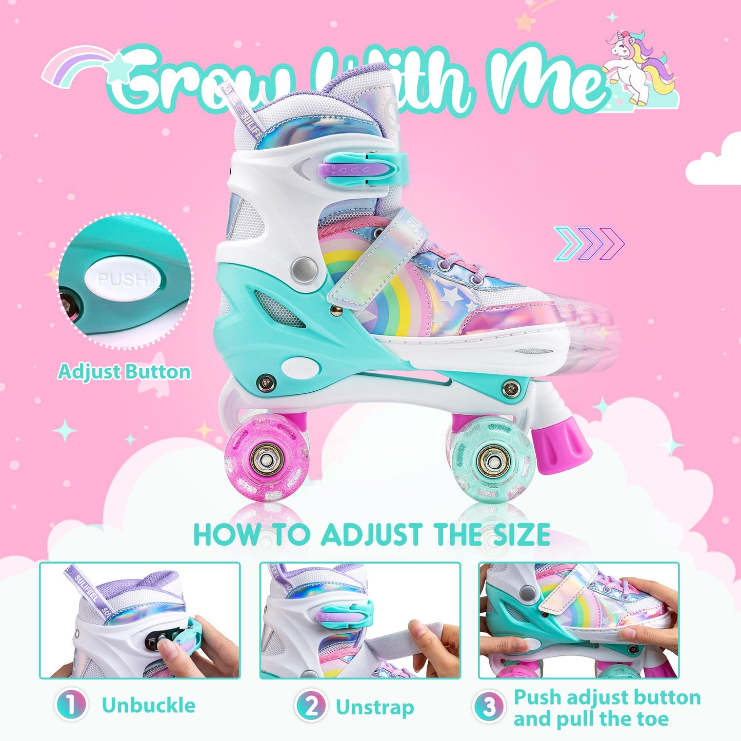 SULIFEEL Rainbow Unicorn 4 Size Adjustable Light up Roller Skates for Girls Boys for Kids - Small 9C-12C UK