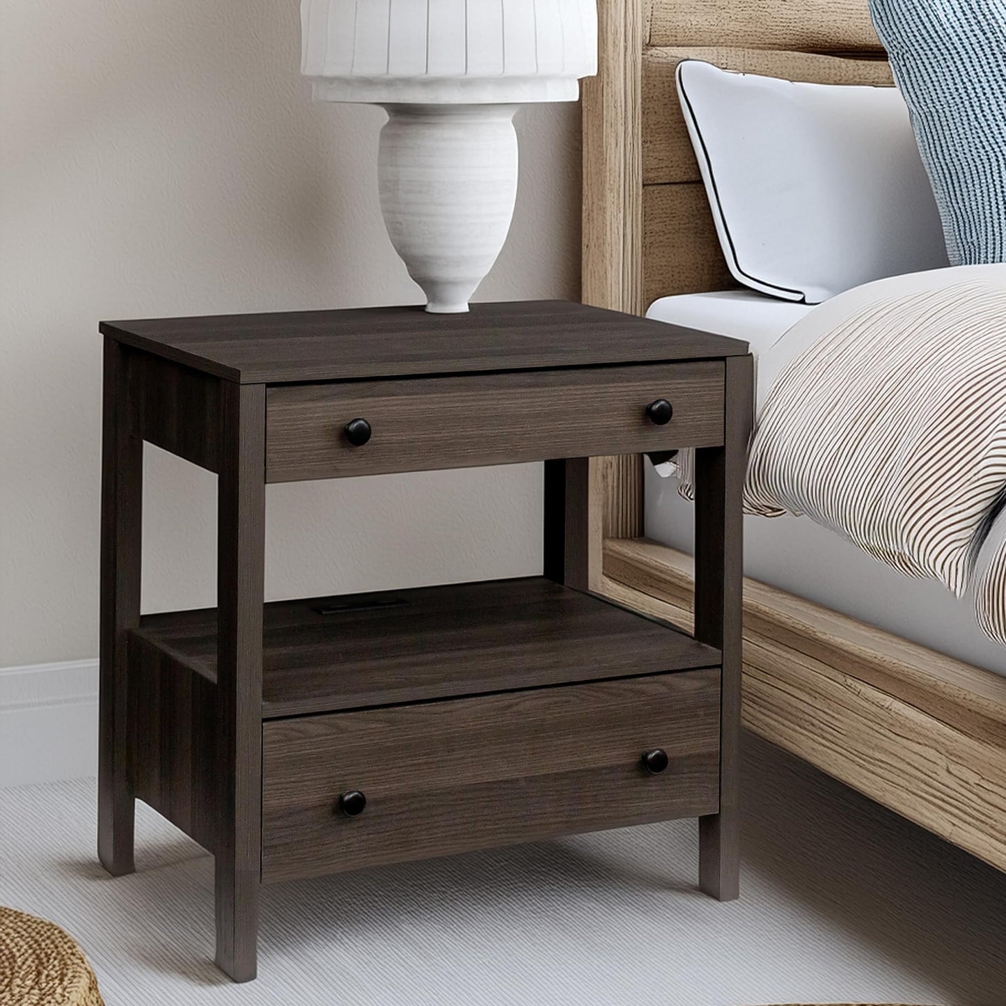 MINCETA Nightstand with Charging Station, Wood Storage End Table with 2 Drawers & Open Shelf