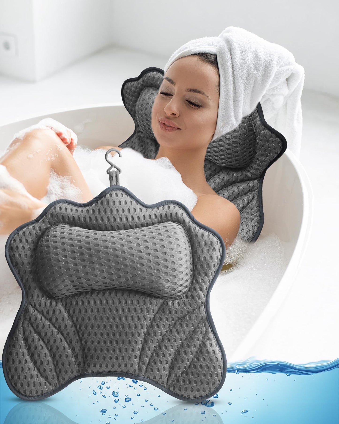 Bath Pillow, 4D Bath Pillows Spa Headrest, Ergonomic Mesh SPA Tub Pillow with 6 Non-Slip Suction Cups with Head, Neck, Shoulder and Back Support