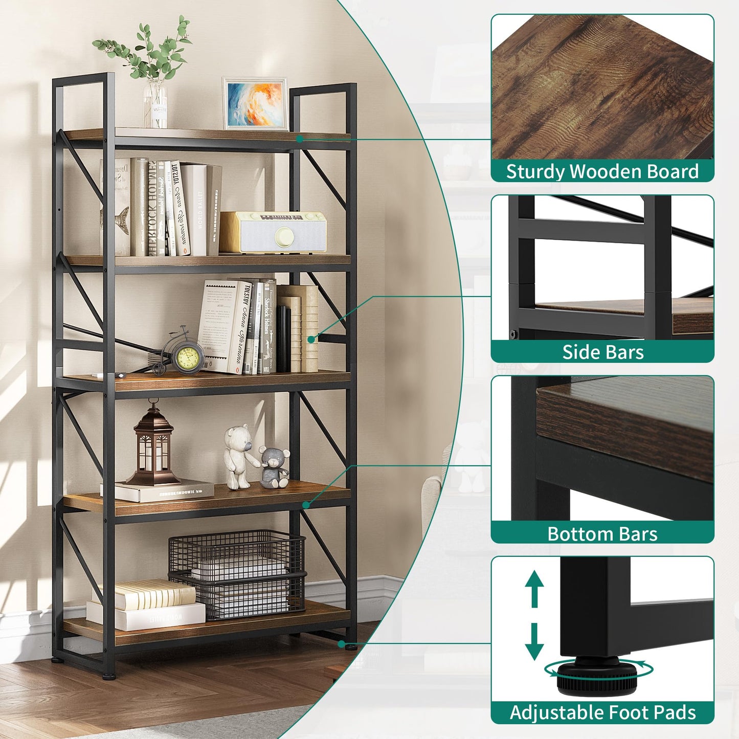 YITAHOME Bookcase 5 Tiers, Large Bookshelf, Wooden Shelf and Metal Frame, Industrial Shelving Unit, Floorstanding Storage Rack, for Living Room