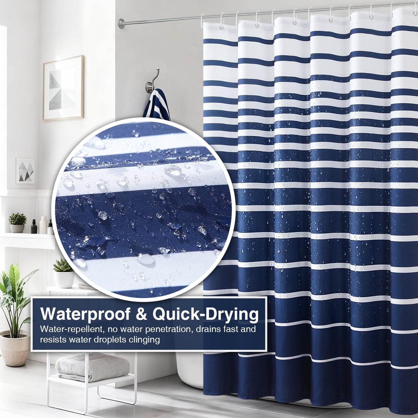 Blue and White Striped Shower Curtain with Hooks for Bathroom - Waterproof Polyester Fabric Shower Curtains, Anti-Cling Weighted Hem