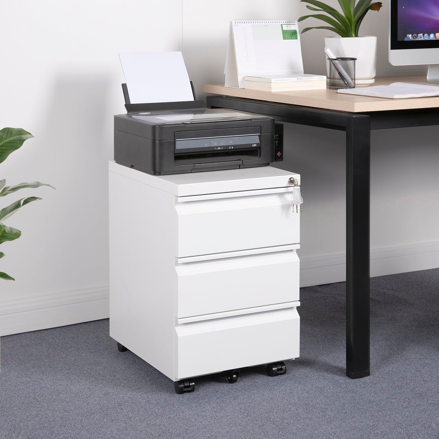 LVSTEEL Mobile Filing Cabinet, Under Desk 3-Drawer Lockable Cabinet with Wheels, Filing Cabinets for Home Office, Pre-Assembled, White