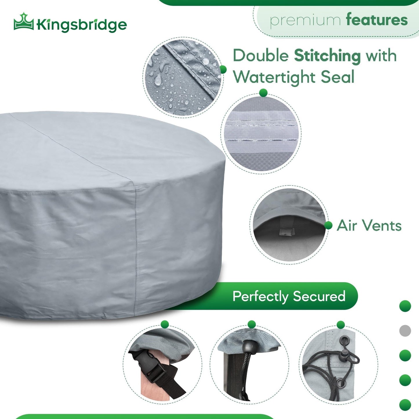Kingsbridge Grey Heavy Duty 600D Waterproof Round Patio Table Cover (220cm), Anti UV, Breathable, Double Stitching, 220x80cm
