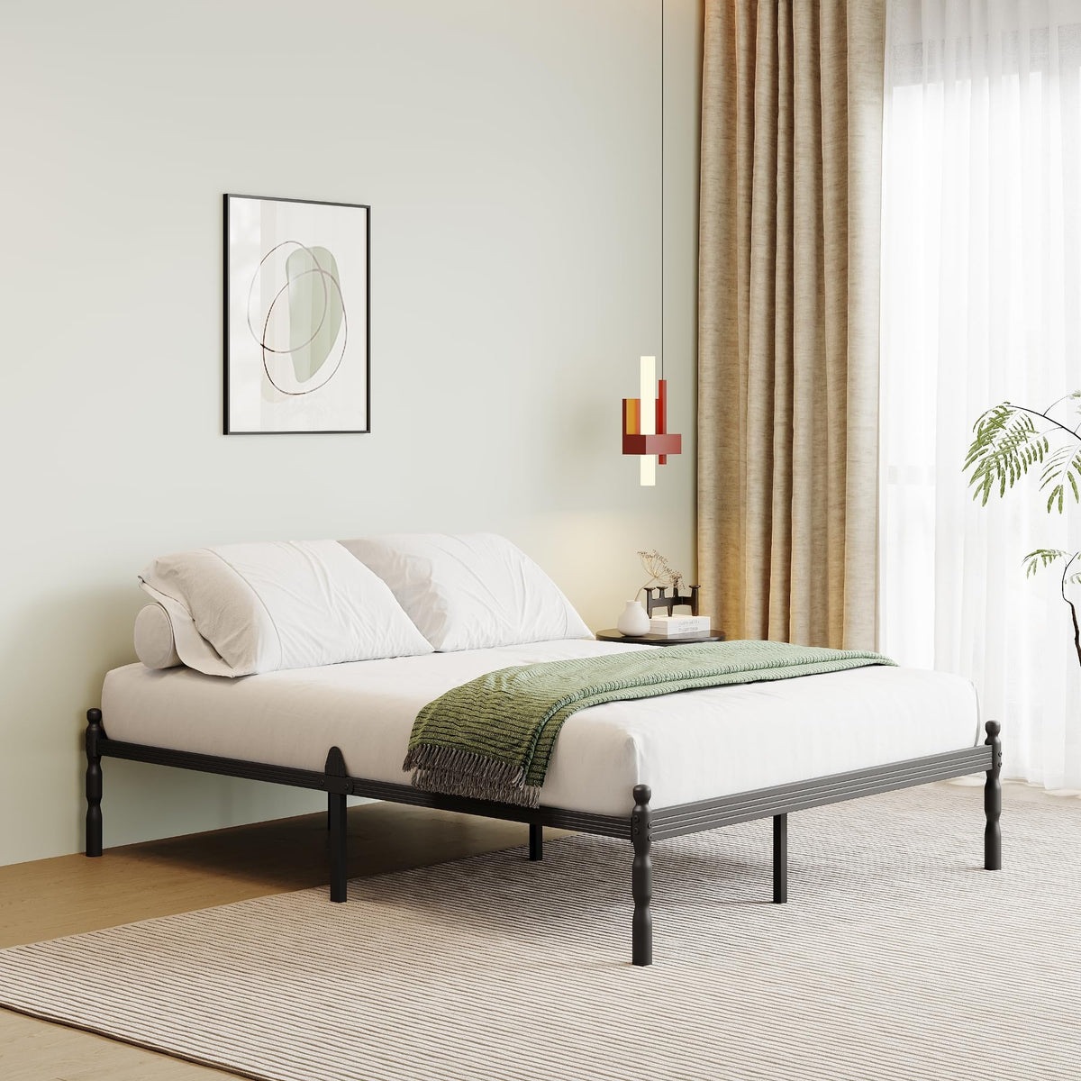 QFtime Metal Double Bed Frame with Underbed Storage and Steel Slat Support - Easy Assembly, Noise Free - 35.5cm High