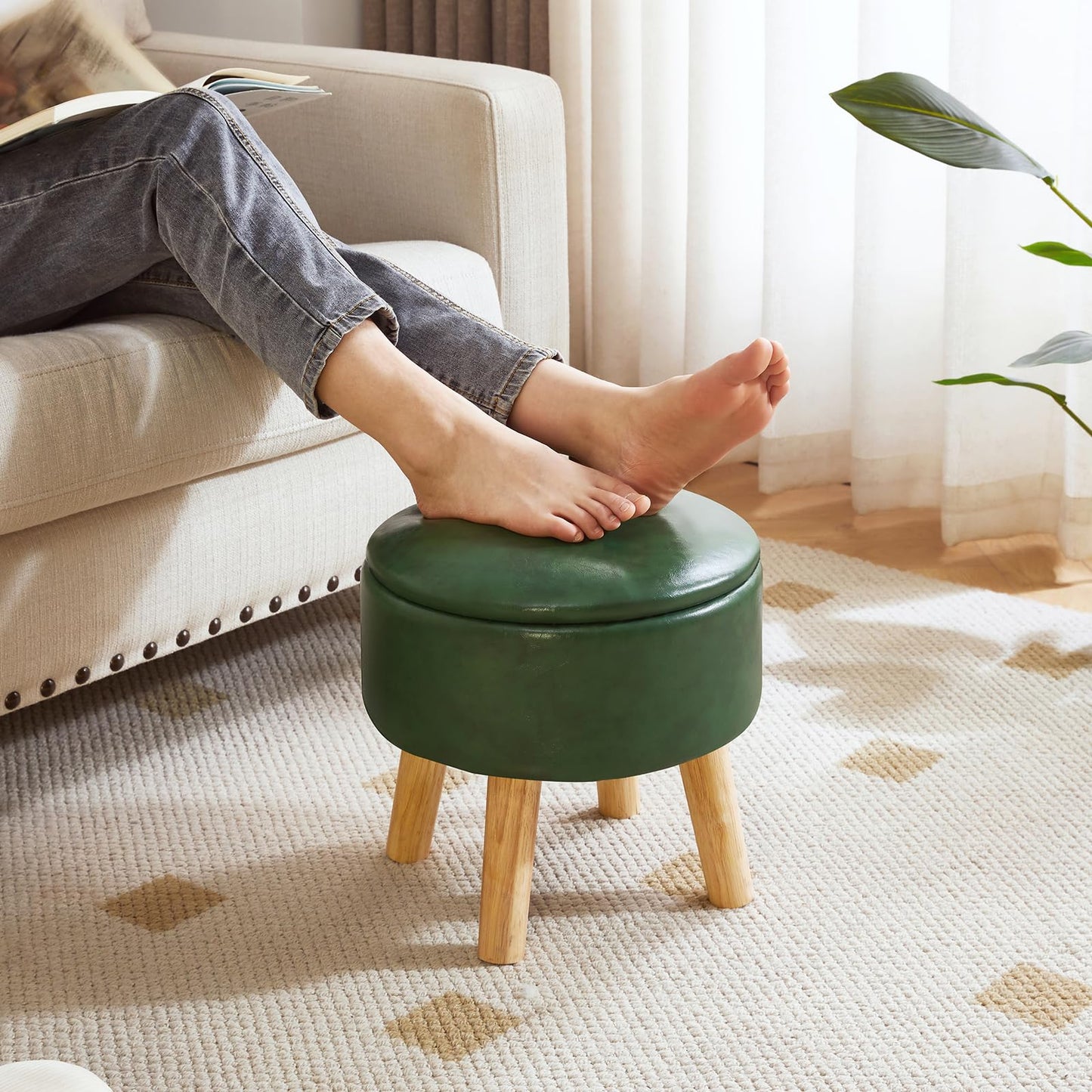 IBUYKE 13 Inch Small Footstool Ottoman with Storage, Round Pouffe Foot Rest with Padded Seat and Wood Legs