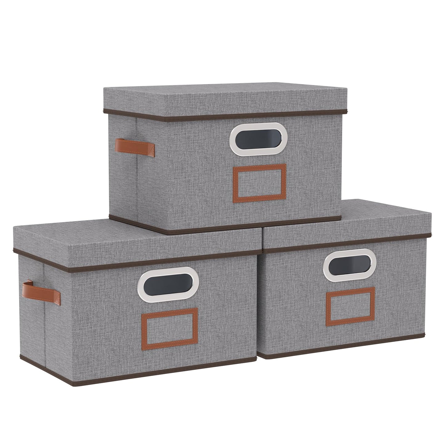 OUTBROS Storage Boxes, Fabric Baskets with Lids, 38x25x25cm, Grey, 3-Pack