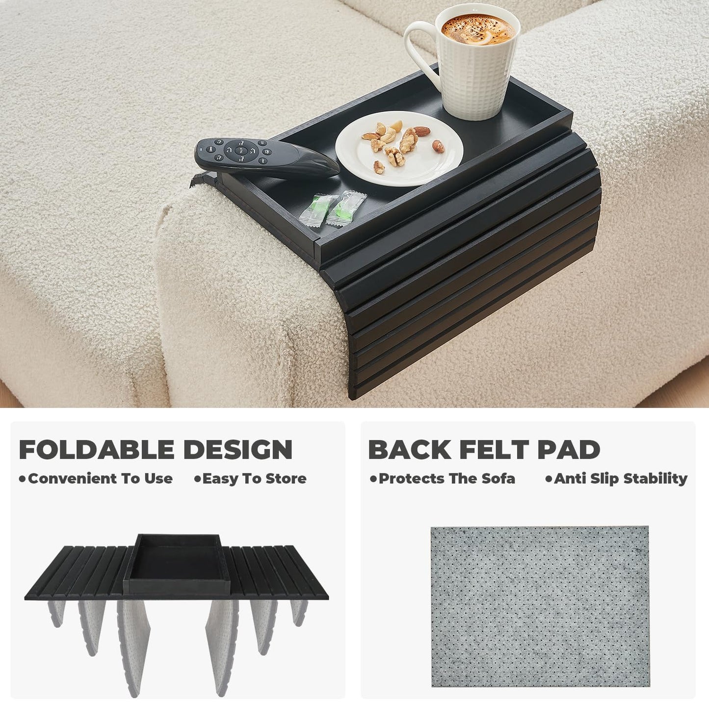 LOVYANXUE Bamboo Sofa Arm Tray, Anti Falling Couch Arm Tray Table, Foldable Couch Armrest Table, Portable Sofa Armrest Trays Cup Holder for Drink
