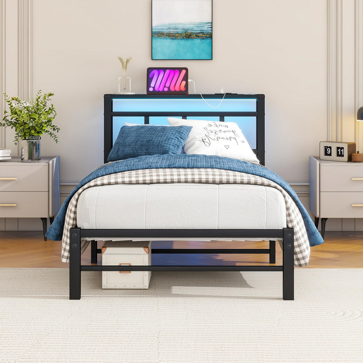 VECOCHO 3ft Single Bed Frame with Storage Headboard&LED Lights,Heavy Duty Metal Platform Bed Frame Single with Charging Station,Mattress Base Strong
