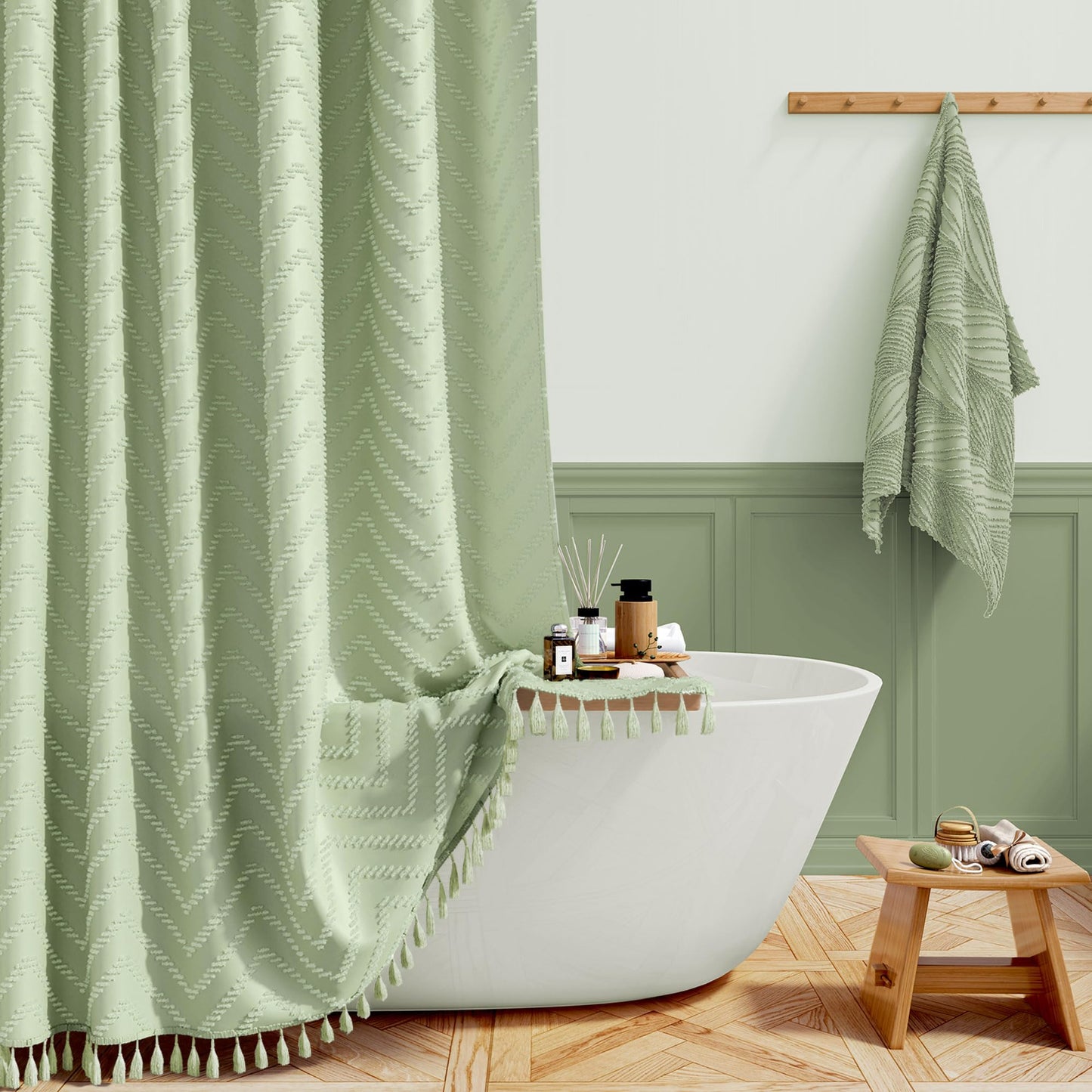 BTTN 182 x 200cm Drop Long Shower Curtain, Boho Farmhouse Tufted Chevron Striped Tassel Shower Curtains, Bohemian Vintage Waterproof Weighted with 12