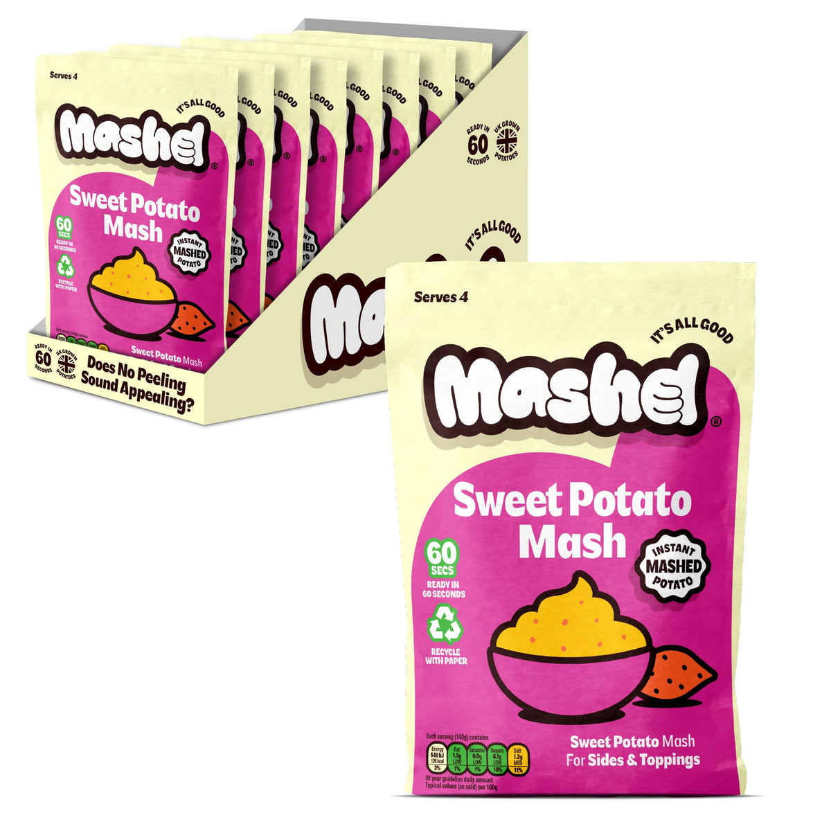Mashd Sweet Potato Mash Potato Pouch - Pack of 8 x 140g - Instant Side Dish In One Minute, Just Add Hot Water. 32 Total Servings