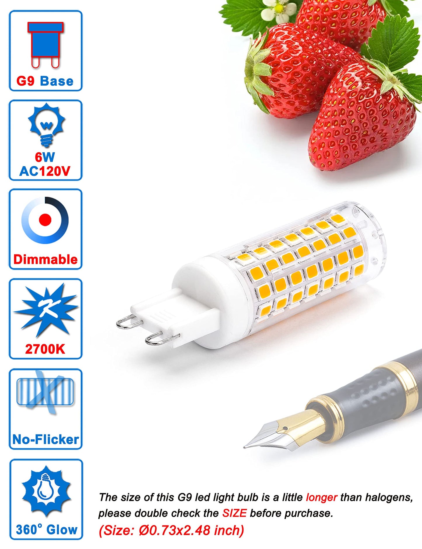 Ziomitus No Flicker G9 Led Bulbs Dimmable 6W Soft Warm White 2700K,40W 50W 60W Halogen Equivalent,AC120V Dimmable G9 T4 LED Bulb for Chandelier