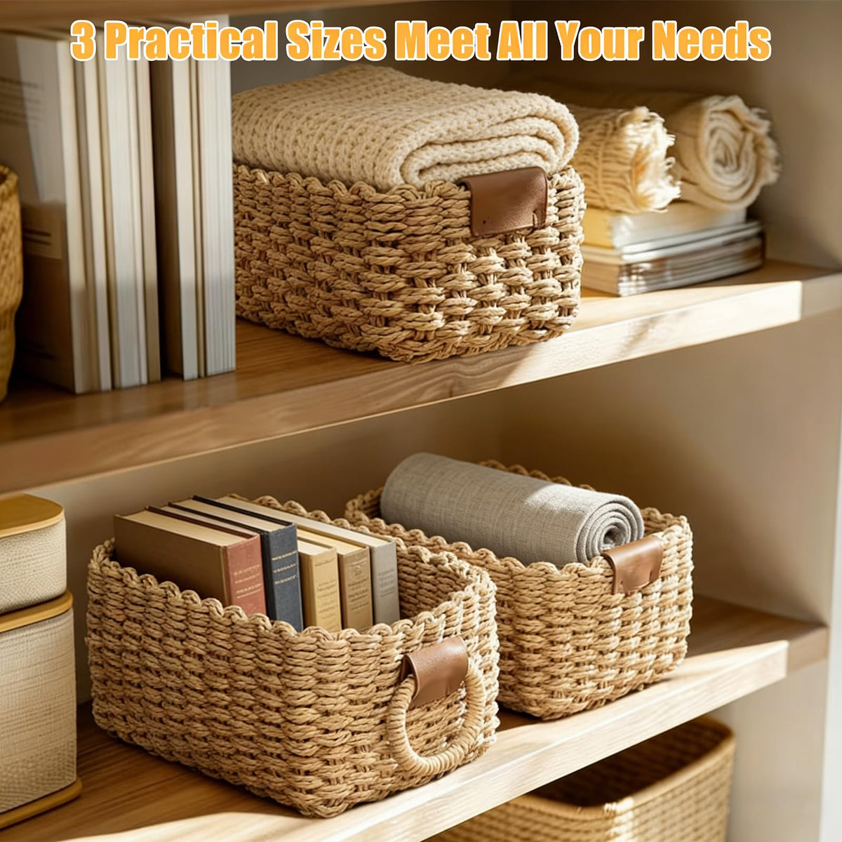 3 Set Woven Wicker Storage Baskets, Paper Rope Storage Boxes, Multifunctional Storage Baskets Empty, Decorative Bin Organizers