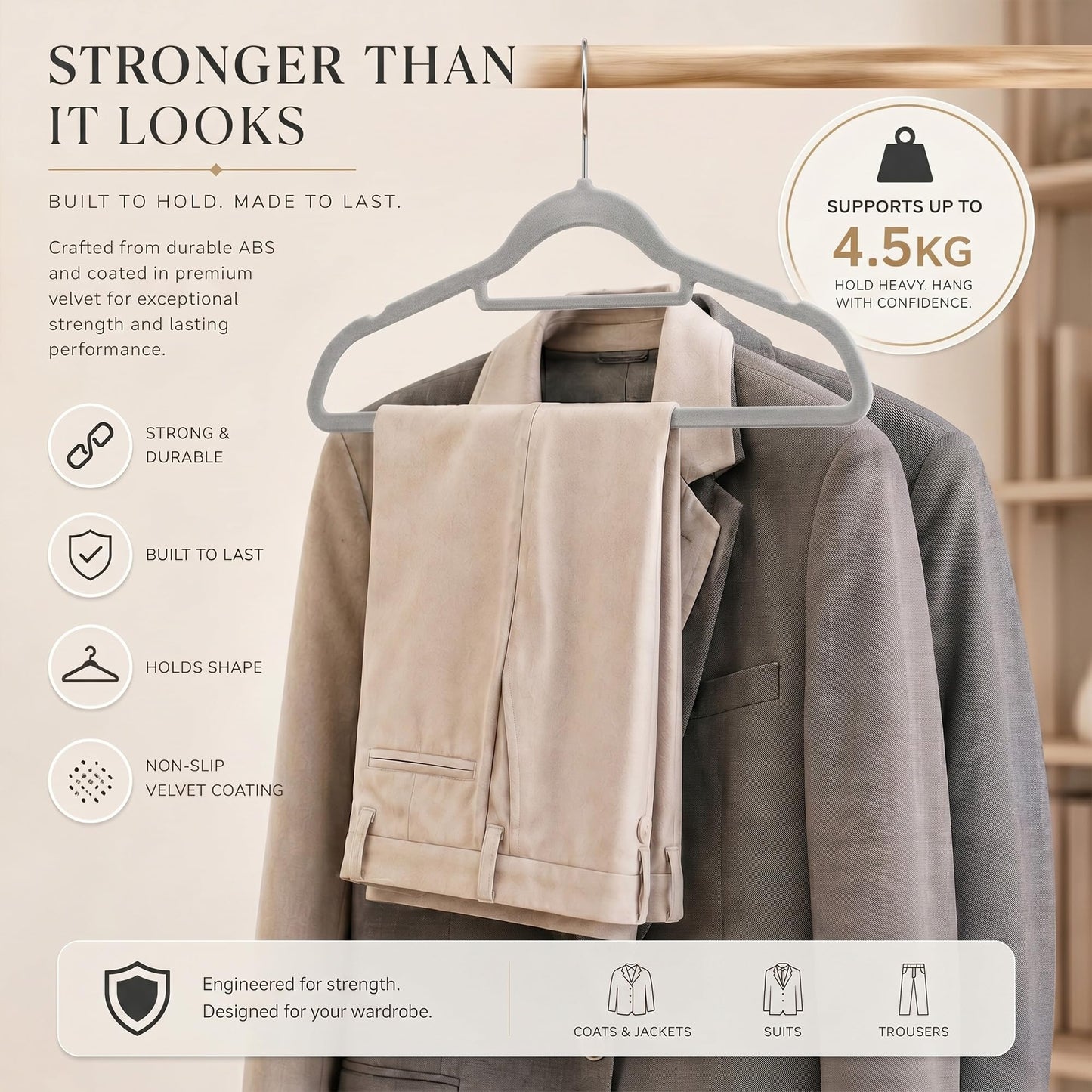 DrySmart 30 Pack Velvet Hangers Non Slip Flocked Coat Hangers with Tie Bar, Space Saving Heavy Duty Clothes Hanger for Suit Jacket Trouser and