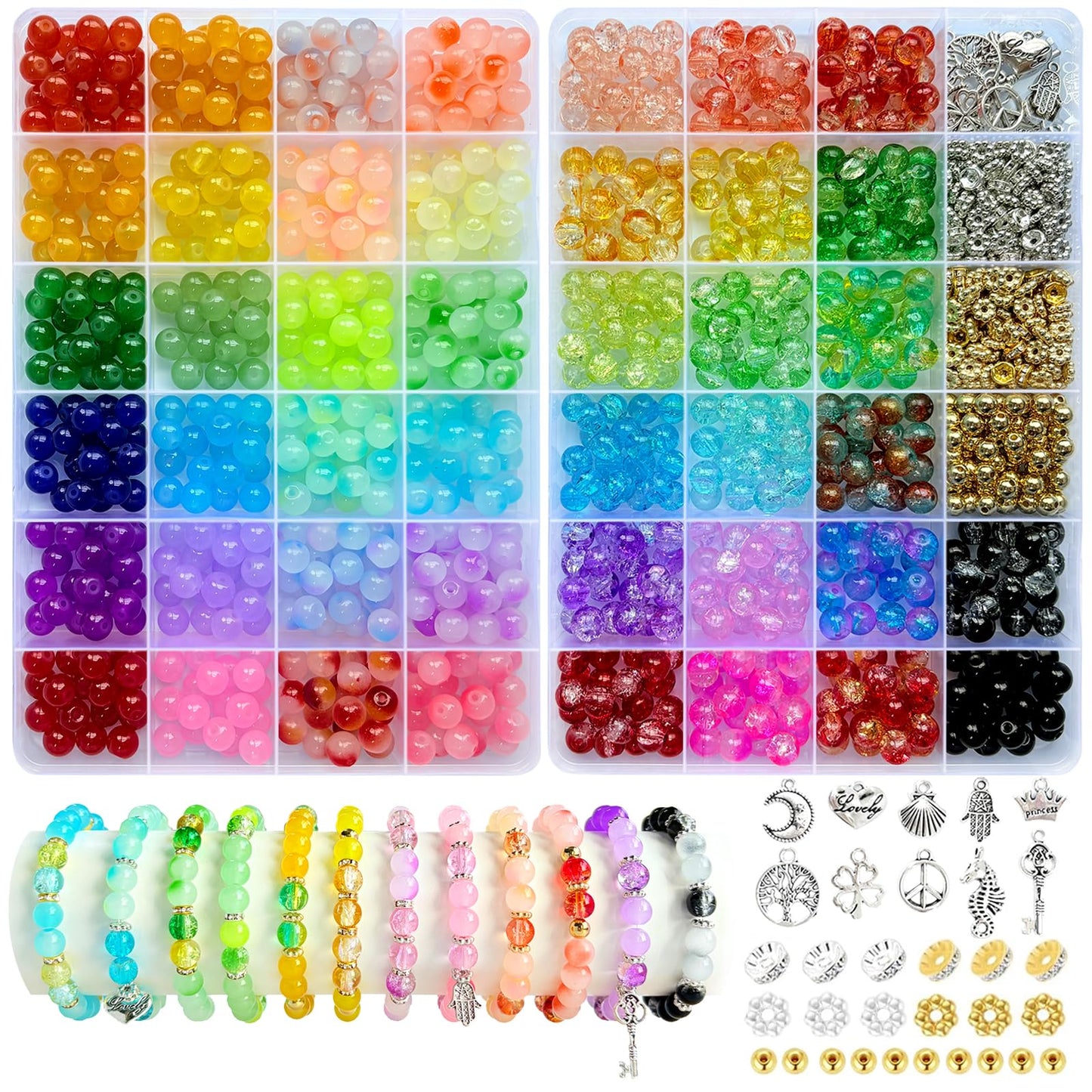 MATVHRUI 1200Pcs Glass Beads for Bracelet Making, 44 Colors 8mm Crystal Gemstone Beads for Jewelry Making, Coloured Bead Kit for Necklace Earrings DIY