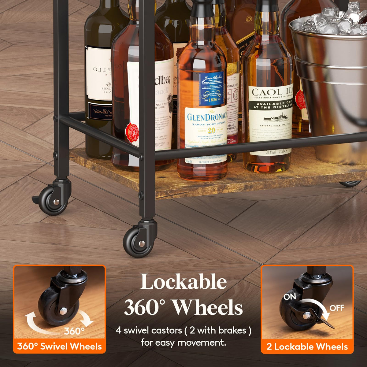 Lifewit Drink Cart, 3-Tier Rolling Bar Cart, Tea Serving Trolley on Lockable Wheels, Kitchen Cocktail Alcohol Trolley for Dining Living Room, 43.2 x