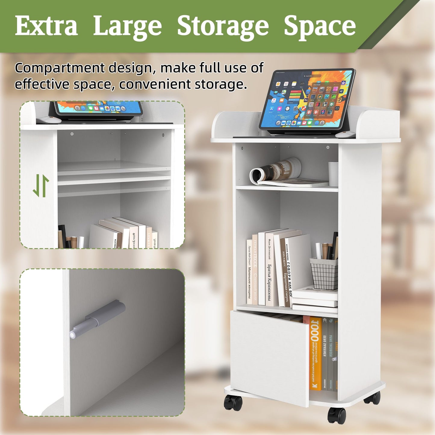 Turosur Mobile & Podium Lectern with Storage Cabinet & Adjustable Shelf