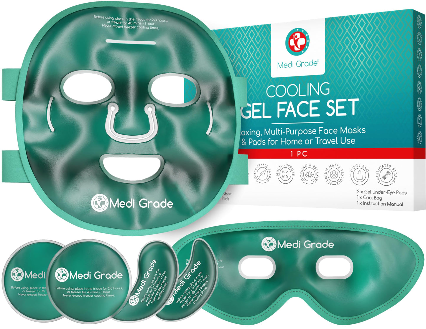 Medi Grade Cooling Face Mask set with Cooling Eye Mask for Puffy Eyes and Insulated Thermo-bag - Soothing Gel Ice Face Mask and Eye Ice Mask for Dark