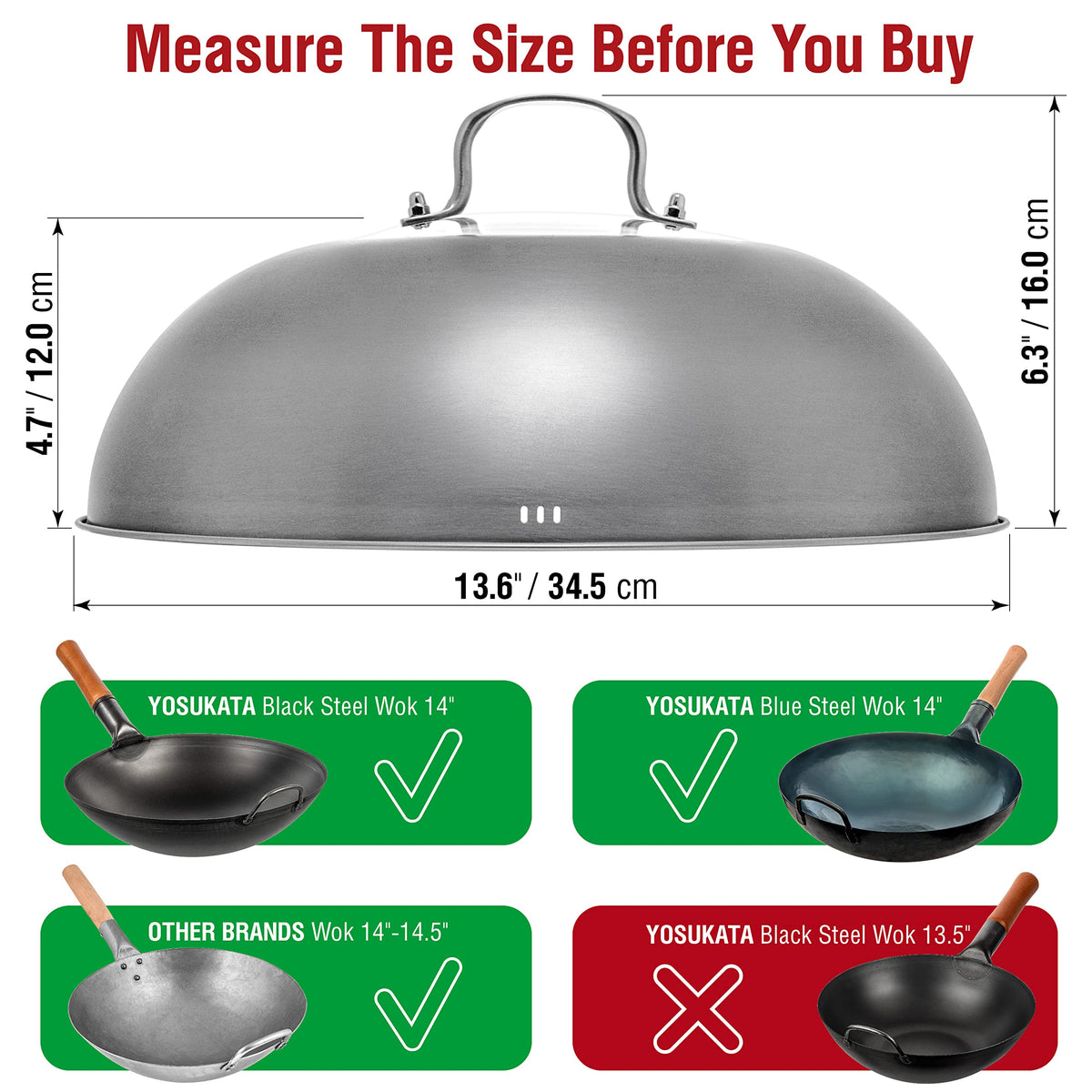 YOSUKATA Wok Lid 34.5 cm for 36 cm Wok - Premium Stainless Pan Cover - Tempered Glass Insert Steam Holes - Ergonomic Handle - Durable Asian