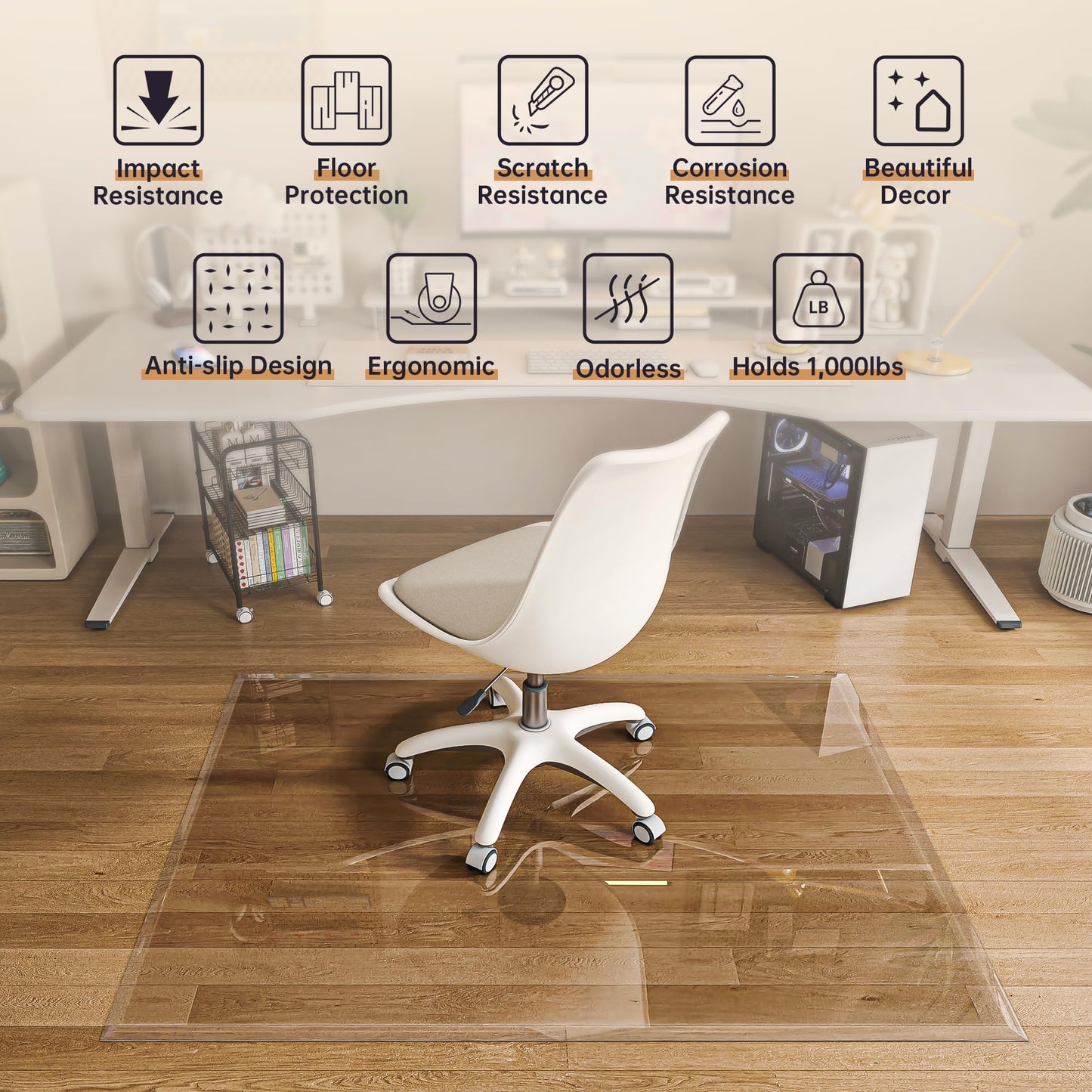 [Tempered Glass] 121 x 91cm Beveled Edge Glass Chair Mat with Polished Edge Clear Office Chair Mat, Glides Smoothly