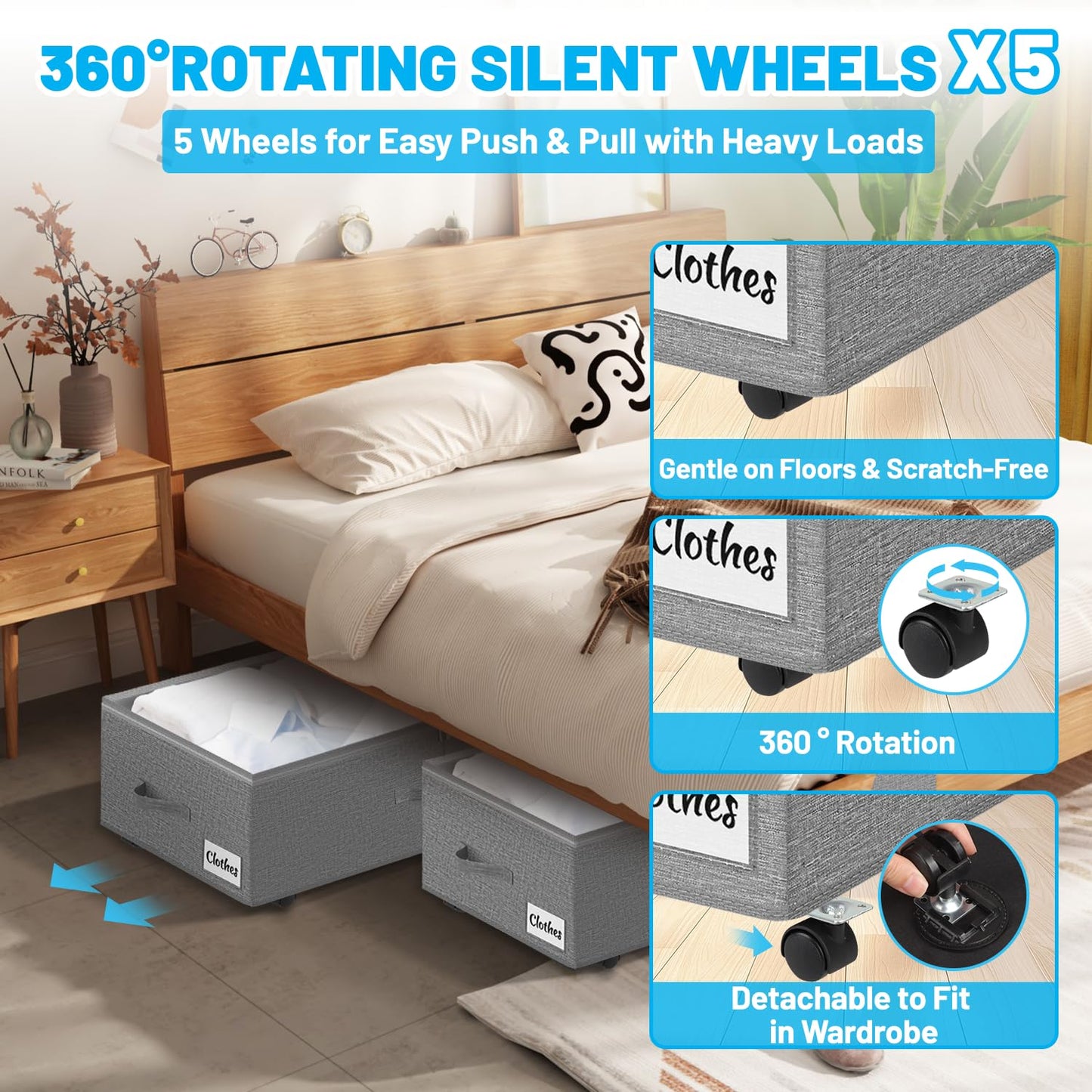 Kukikan Under Bed Storage on Wheels, 2-Pack 24 CM XXL 75L Rolling Under Bed Storage Bag with Zip