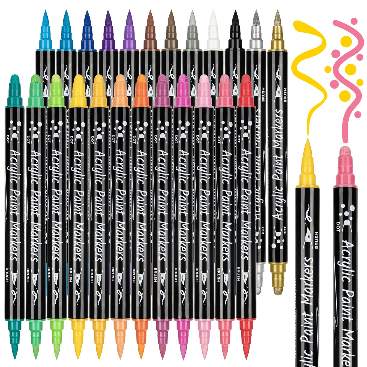 AOSUCO Acrylic Paint Pens: 24 Colours Dual Tip Acrylic Pens for Rock Painting, Wood, Pebbles, Glass, Ceramic, Stones, Fabric, Canvas, Craft,