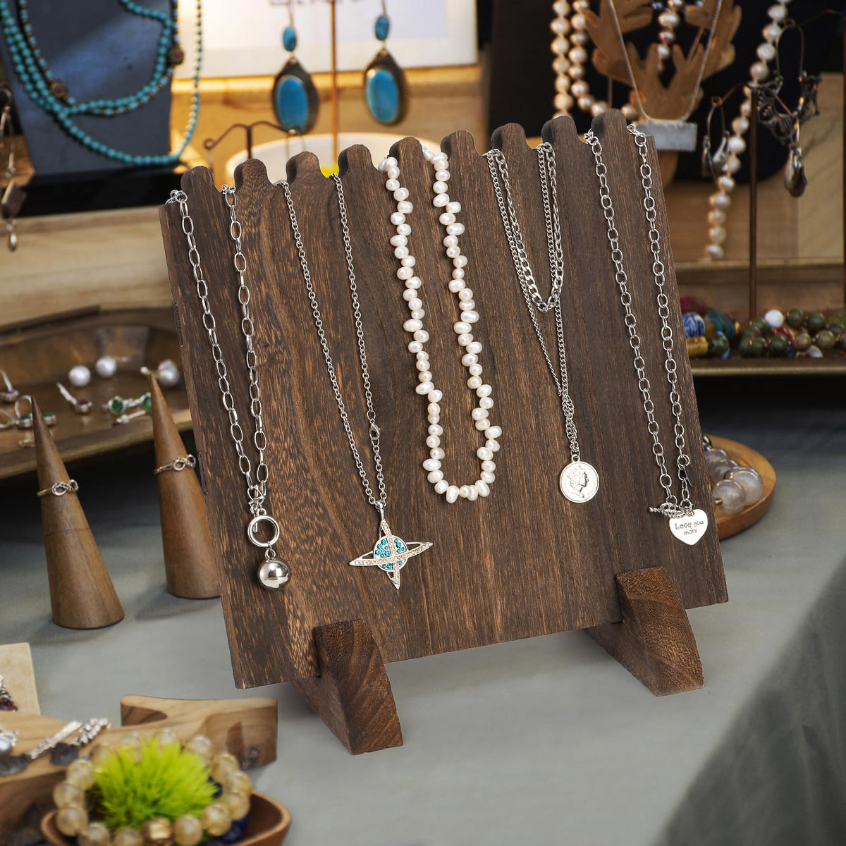 ZOOFOX Set of 2 Wood Necklace Display Stand for Selling, Freestanding Jewelry Easel Display Stand for 16 Necklaces