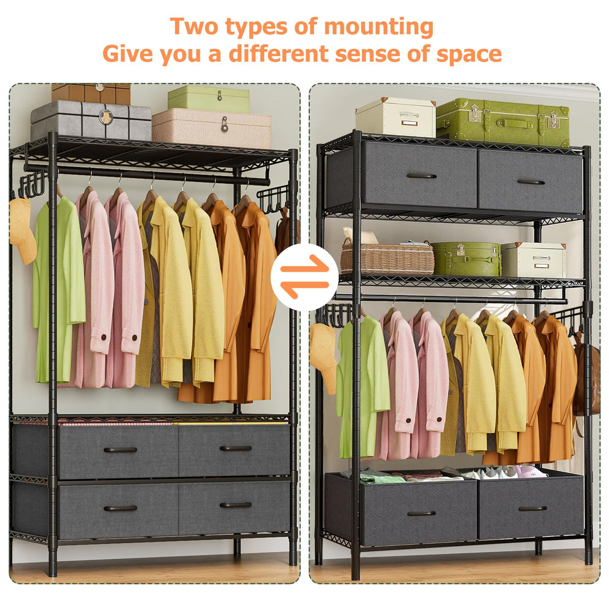 FTEYUET Clothes Rail Heavy Duty for Hanging Clothes with 4 Fabric Drawers