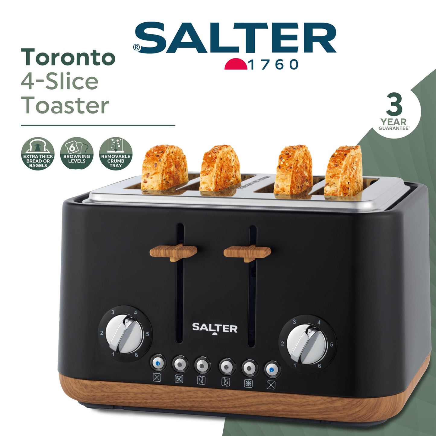 Salter EK5823BLK Toronto 4-Slice Toaster  Wide Slots, 6 Browning Levels, Removable Crumb Tray, Defrost, Reheat, Cancel, Self-Centring Function,