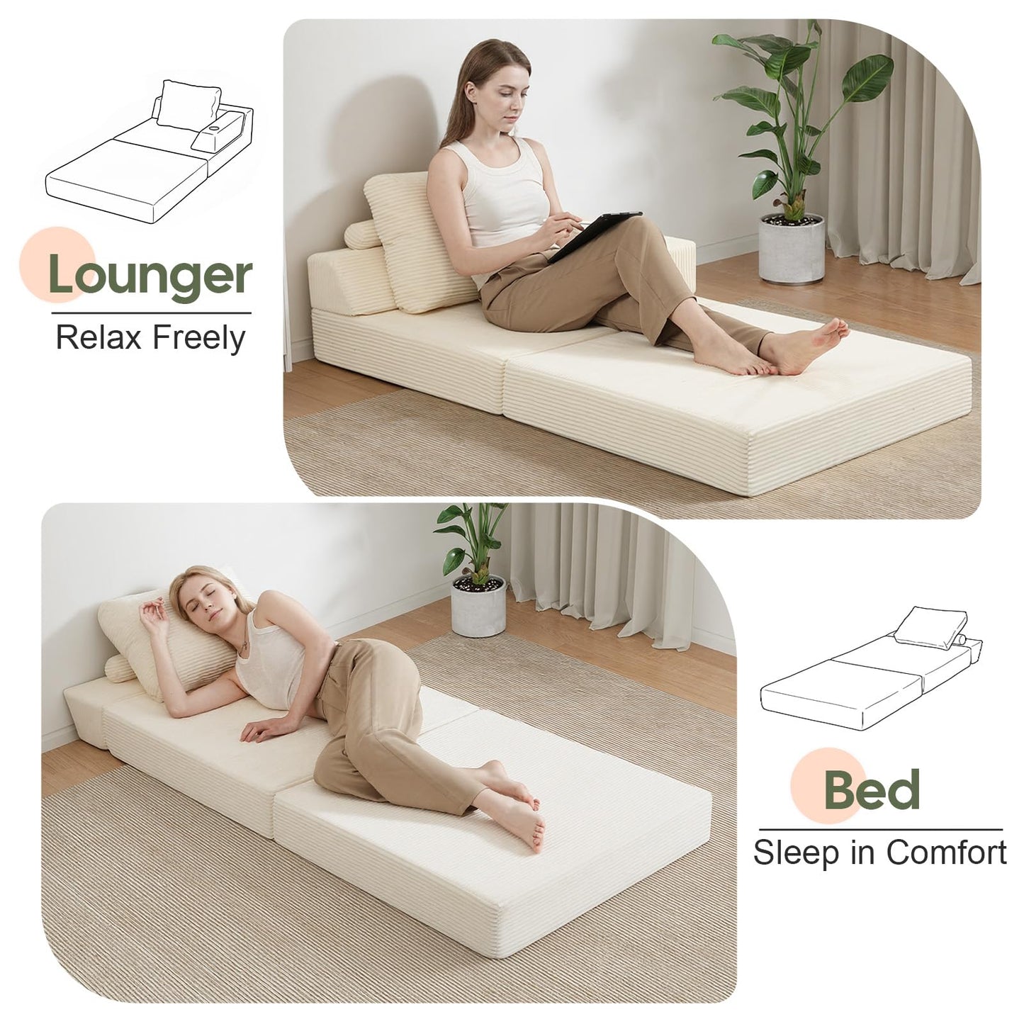 MeMoreCool Folding Sofa Bed Single, Convertible Boneless Couch with Pillow