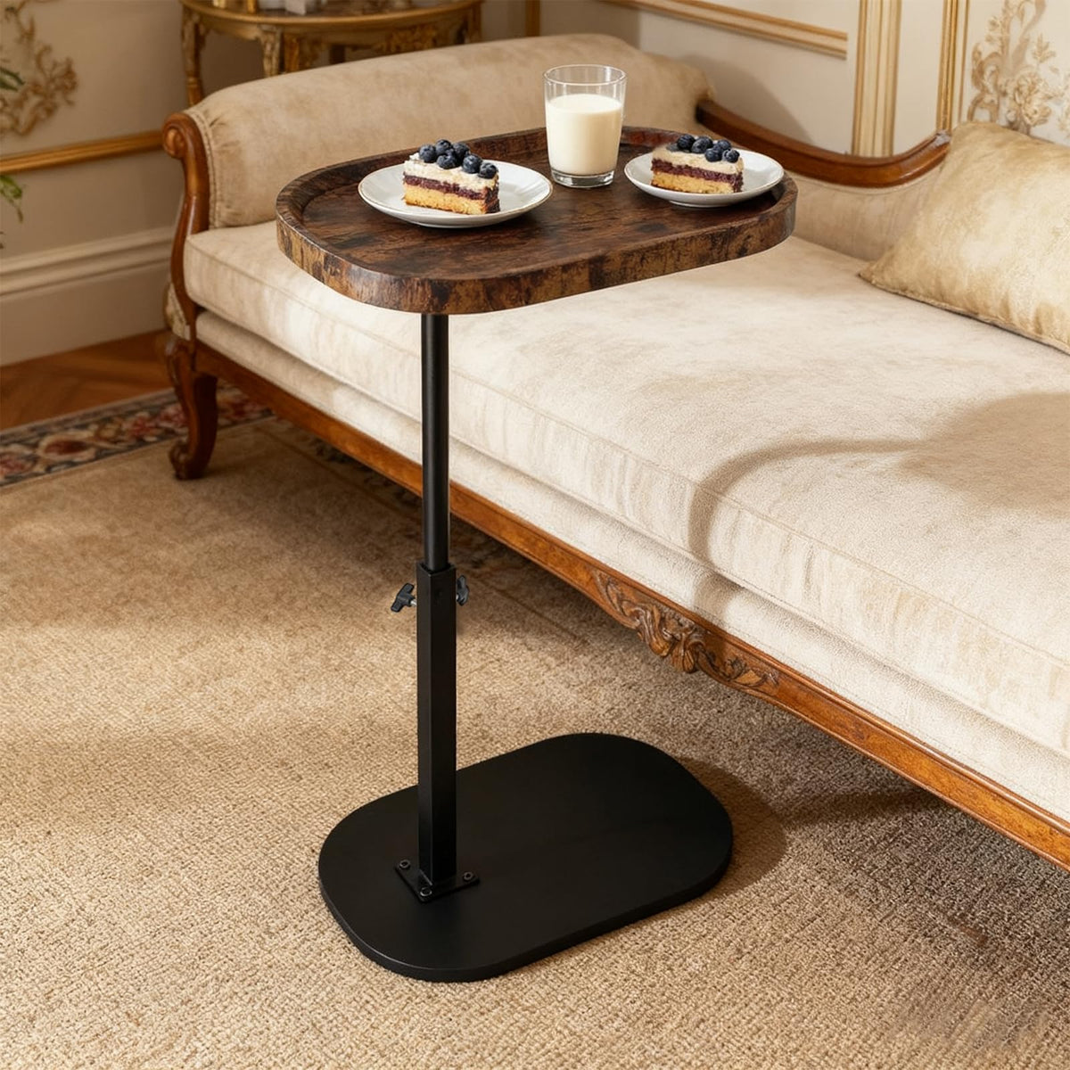 YYW Adjustable C Shaped Side Table, 360° Swivel Sofa Table, Vintage Brown