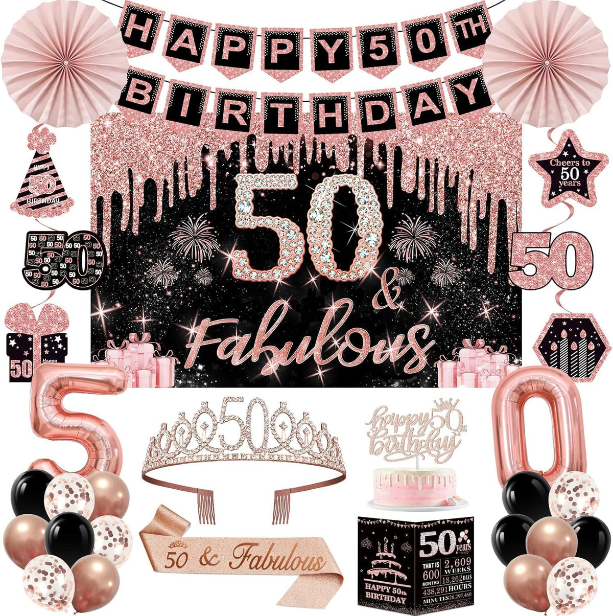 50th Birthday Decorations for Women,32pcs 50th Birthday Party Decorations,Including Backdrop, Crown, Sash, banner, Hanging Swirl,Cake