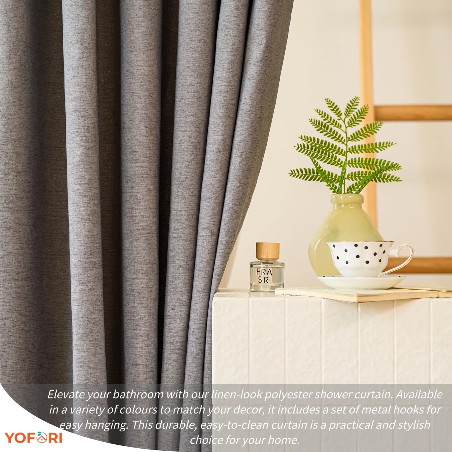 Yofori Grey Shower Curtain for Bathroom, Fabric Shower Curtains Faux Linen Polyester Wet Room Shower Curtains Sets with Metal Hooks, 183x183cm